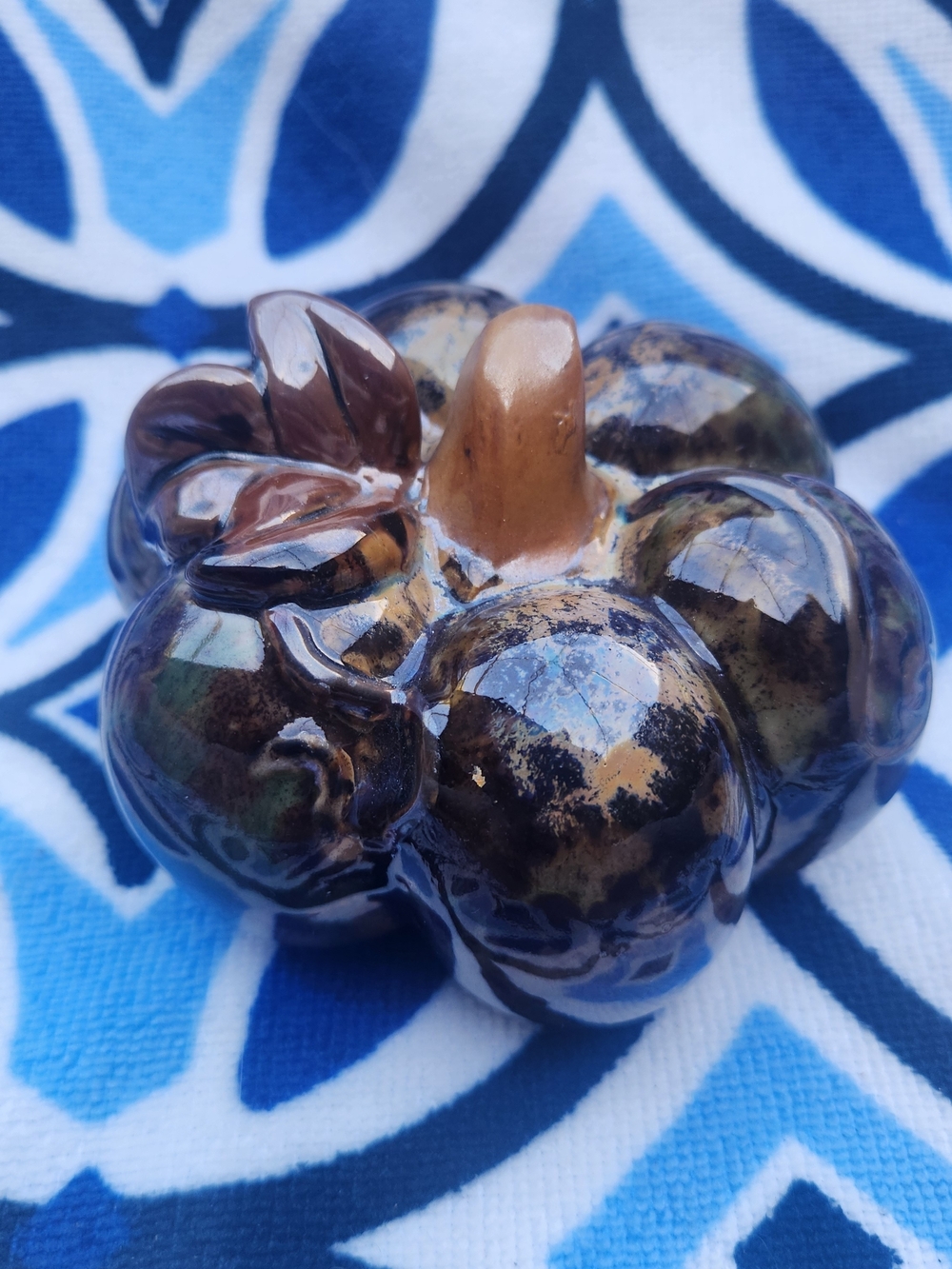 Vintage Ceramic Glazed Pumpkin Figurine Speckled Mottled Brown Green Fall Decor